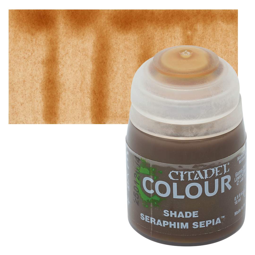 Open in modal - Citadel Shade Acrylic Paint - Seraphim Sepia, 18 ml bottle and swatch