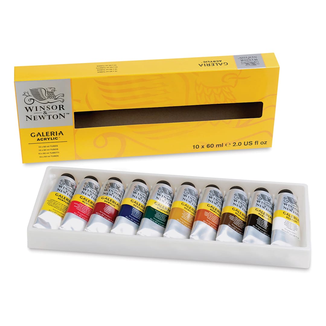 Open in modal - Winsor & Newton Galeria Flow Acrylics - Set of 10 Colors, 60 ml, Tubes (Tubes in front of packaging)