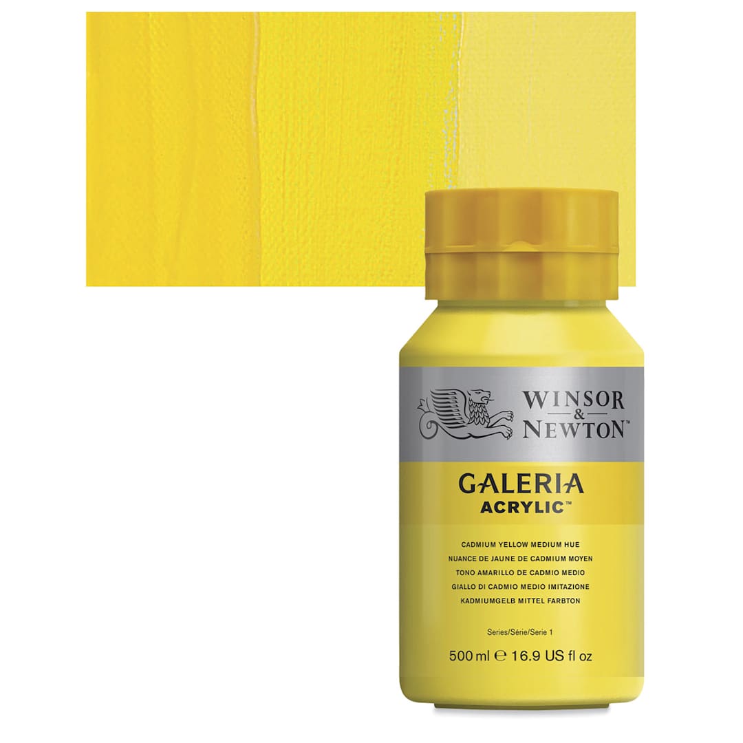 Open in modal - Winsor & Newton Galeria Flow Acrylic - Cadmium Yellow Medium Hue, 500 ml tube and swatch