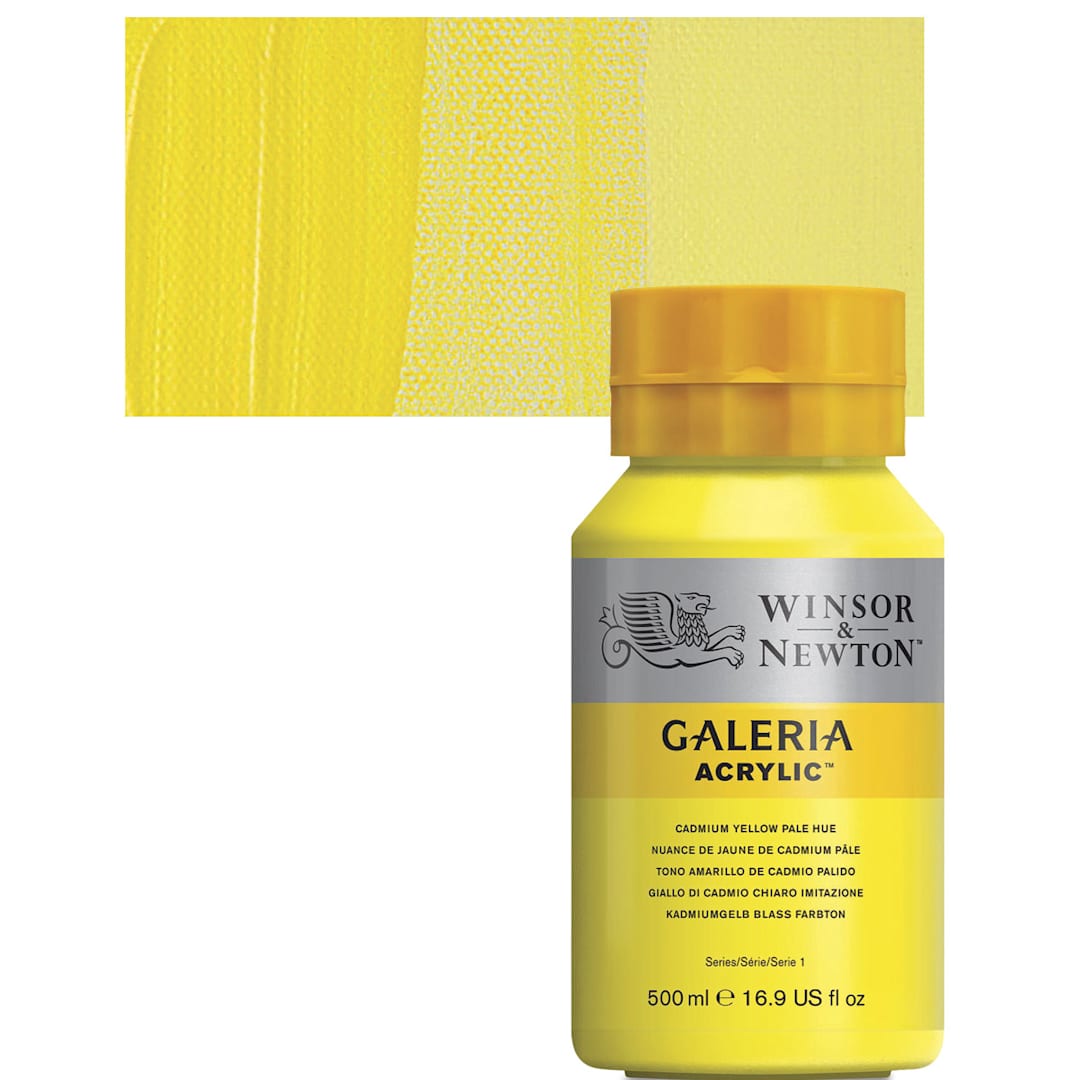 Open in modal - Winsor & Newton Galeria Flow Acrylic - Cadmium Yellow Pale, 500 ml tube and swatch