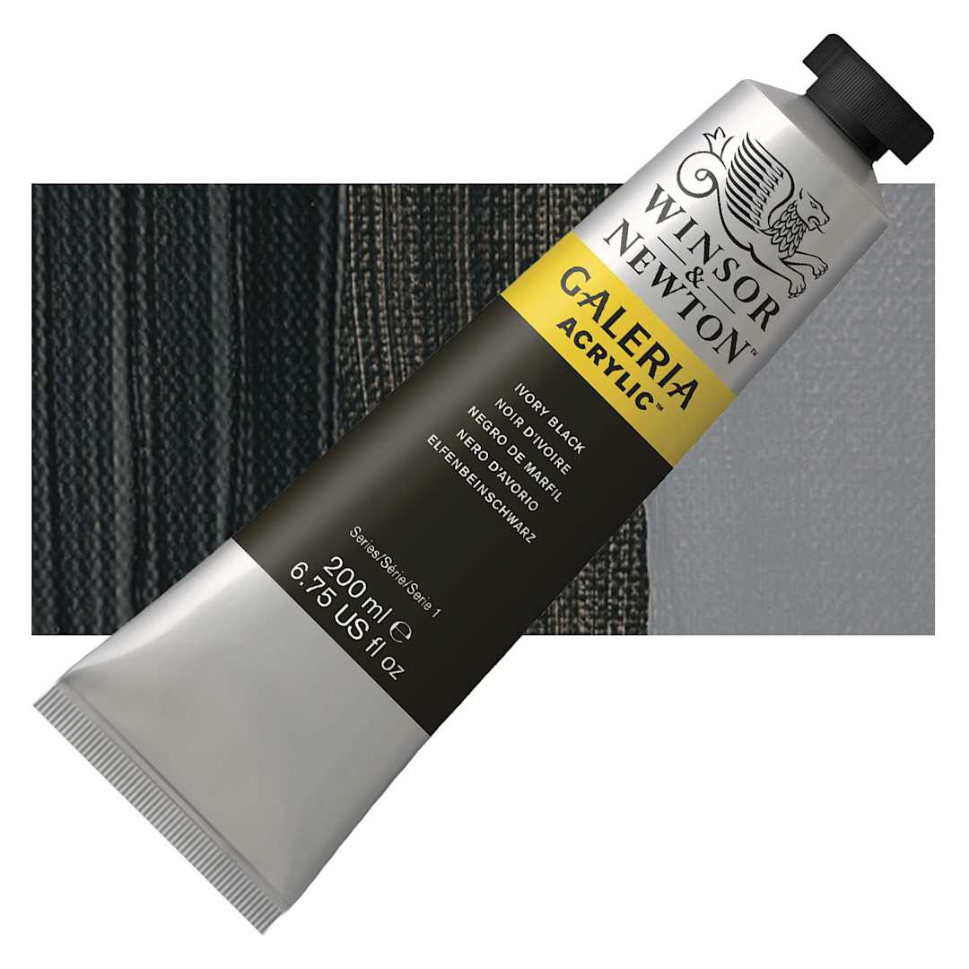 Open in modal - Winsor & Newton Galeria Flow Acrylic - Ivory Black, 200 ml tube and swatch
