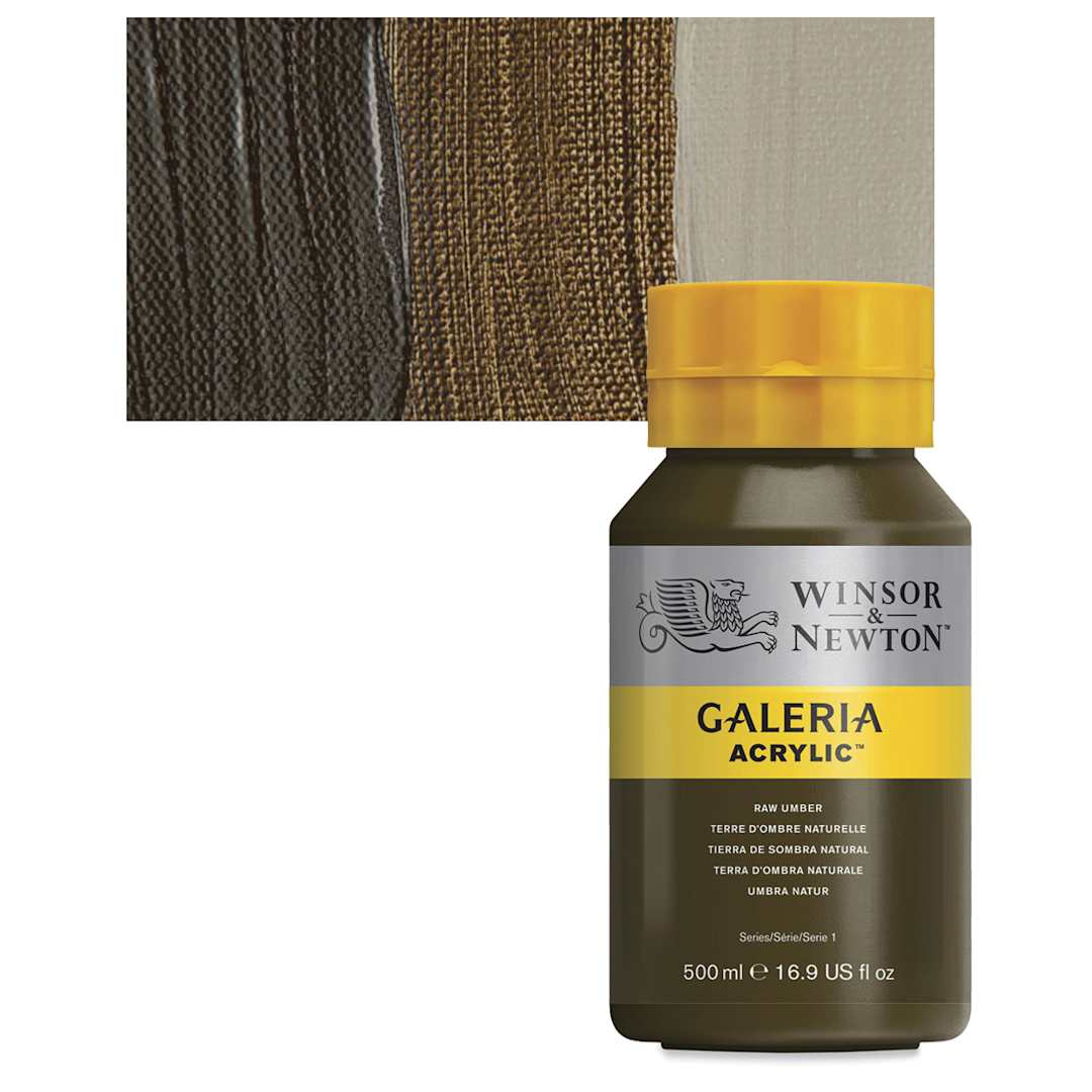 Open in modal - Winsor & Newton Galeria Flow Acrylic - Raw Umber, 500 ml tube and swatch