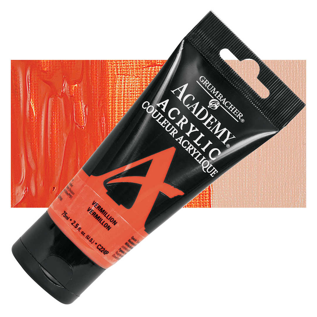 Open in modal - Grumbacher Academy Acrylic - Vermillion, 75 ml tube and swatch