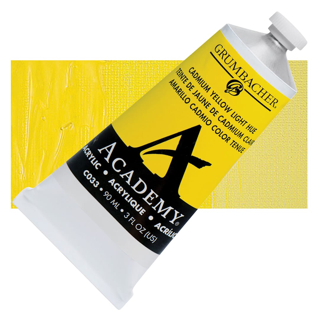 Open in modal - Grumbacher Academy Acrylic - Cadmium Yellow Light Hue, 90 ml tube and swatch