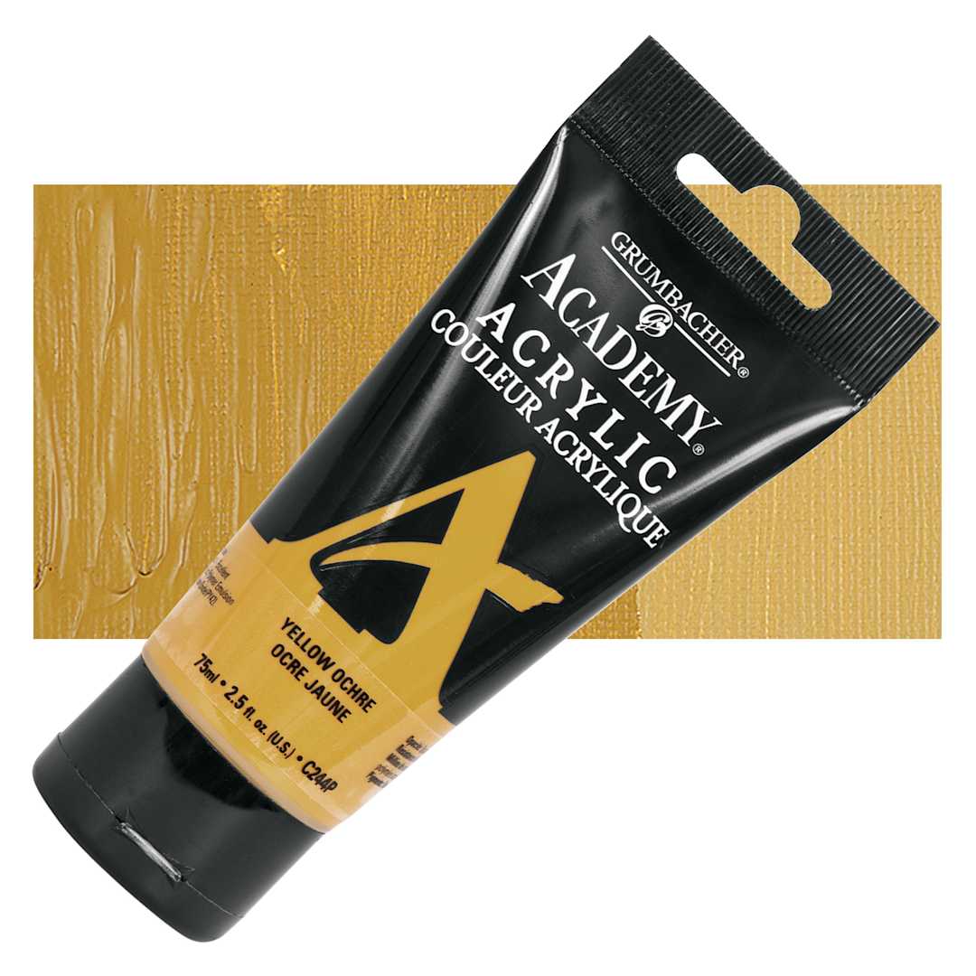 Open in modal - Grumbacher Academy Acrylic - Yellow Ochre, 75 ml tube and swatch