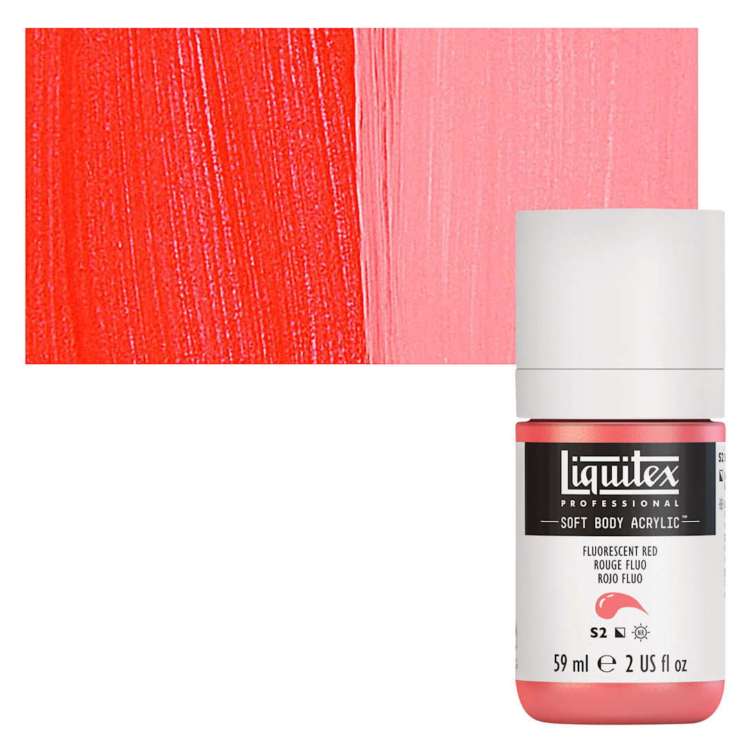 Open in modal - Liquitex Soft Body Artist Acrylic - Fluorescent Red, 59 ml bottle and swatch