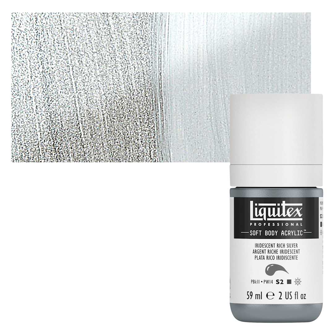 Open in modal - Liquitex Soft Body Artist Acrylic - Iridescent Rich Silver, 59 ml bottle and swatch