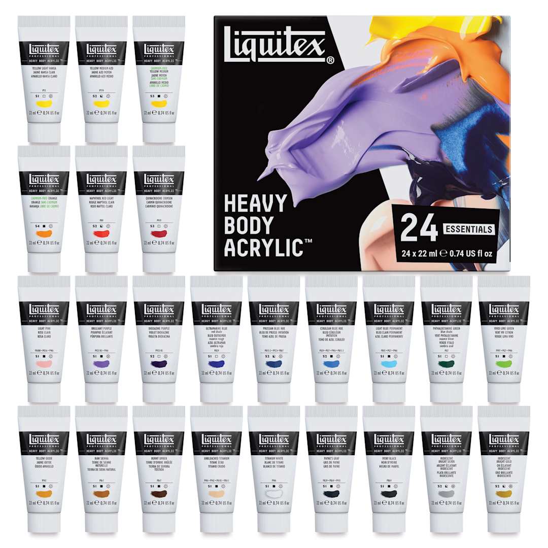 Open in modal - Liquitex Professional Heavy Body Acrylics - Set of 24, Essential Colors, 22 ml, set contents and packaging
