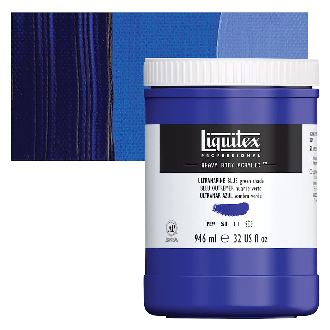 Open in modal - Liquitex Heavy Body Artist Acrylic - Ultramarine Blue (Green Shade), 32 oz Jar and swatch