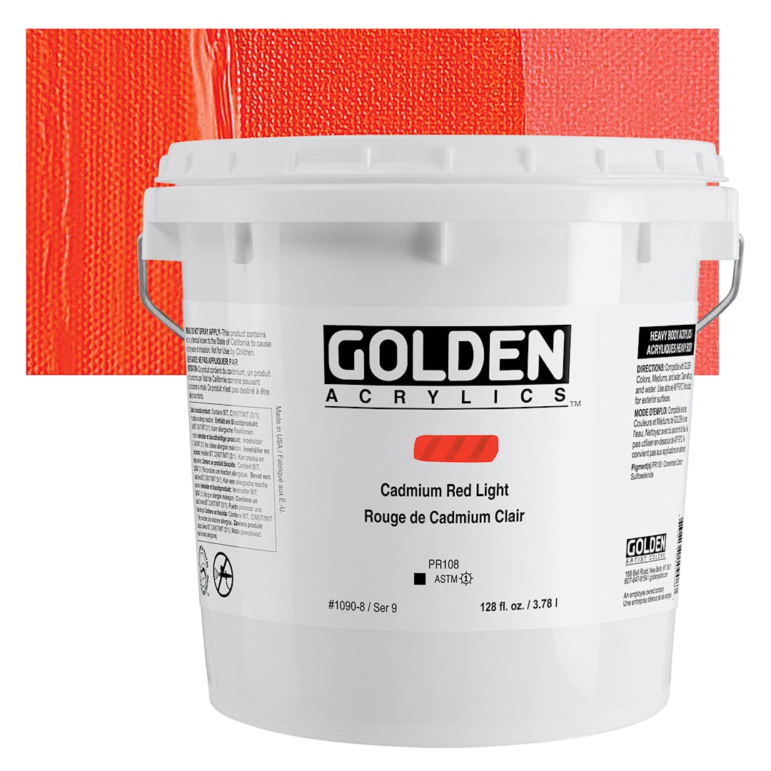 Open in modal - Golden Heavy Body Acrylic Paint - Cadmium Red Light (CP), 3.78 L Bucket and swatch
