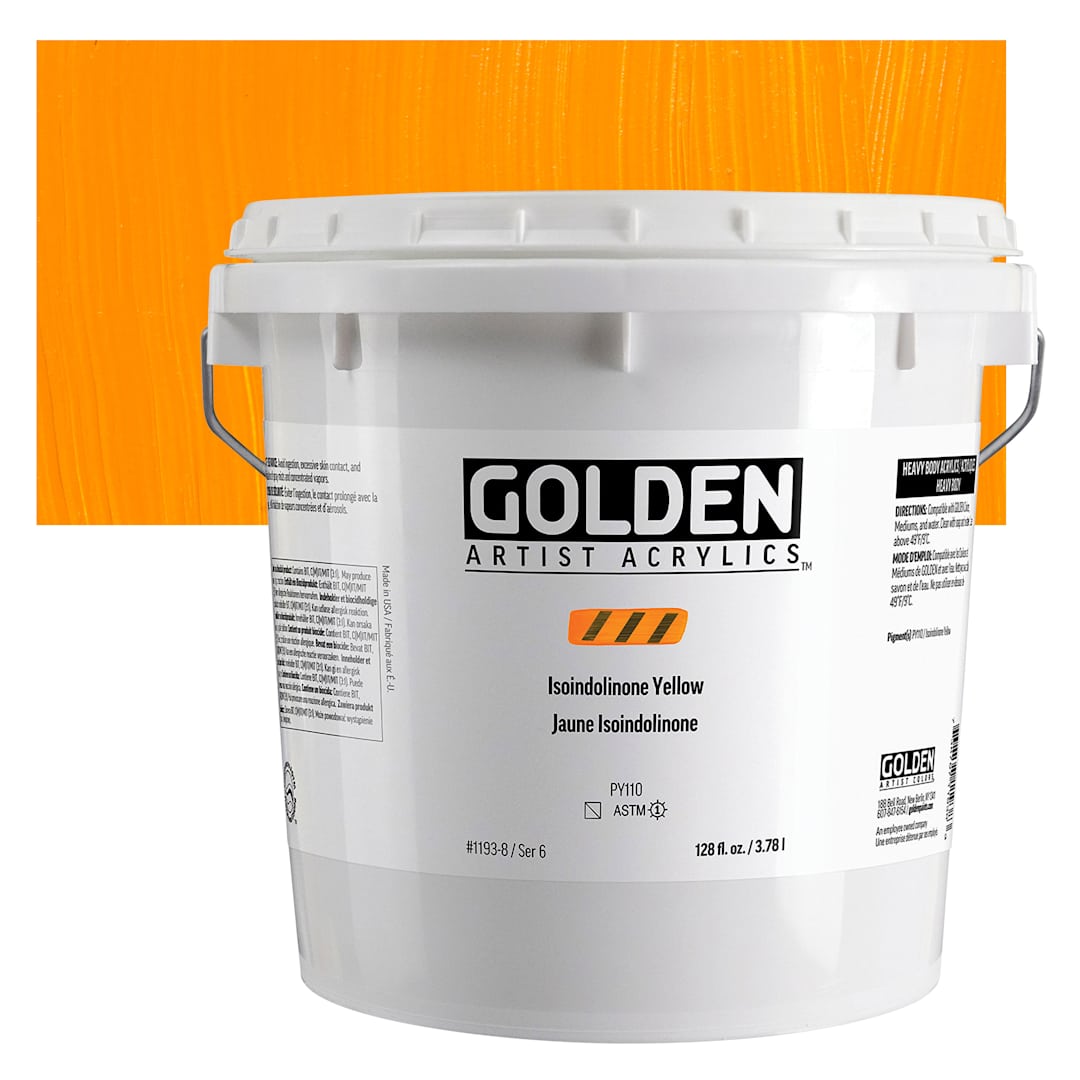 Open in modal - Golden Heavy Body Acrylic Paint - Isoindolinone Yellow, 3.78 L Jar and swatch