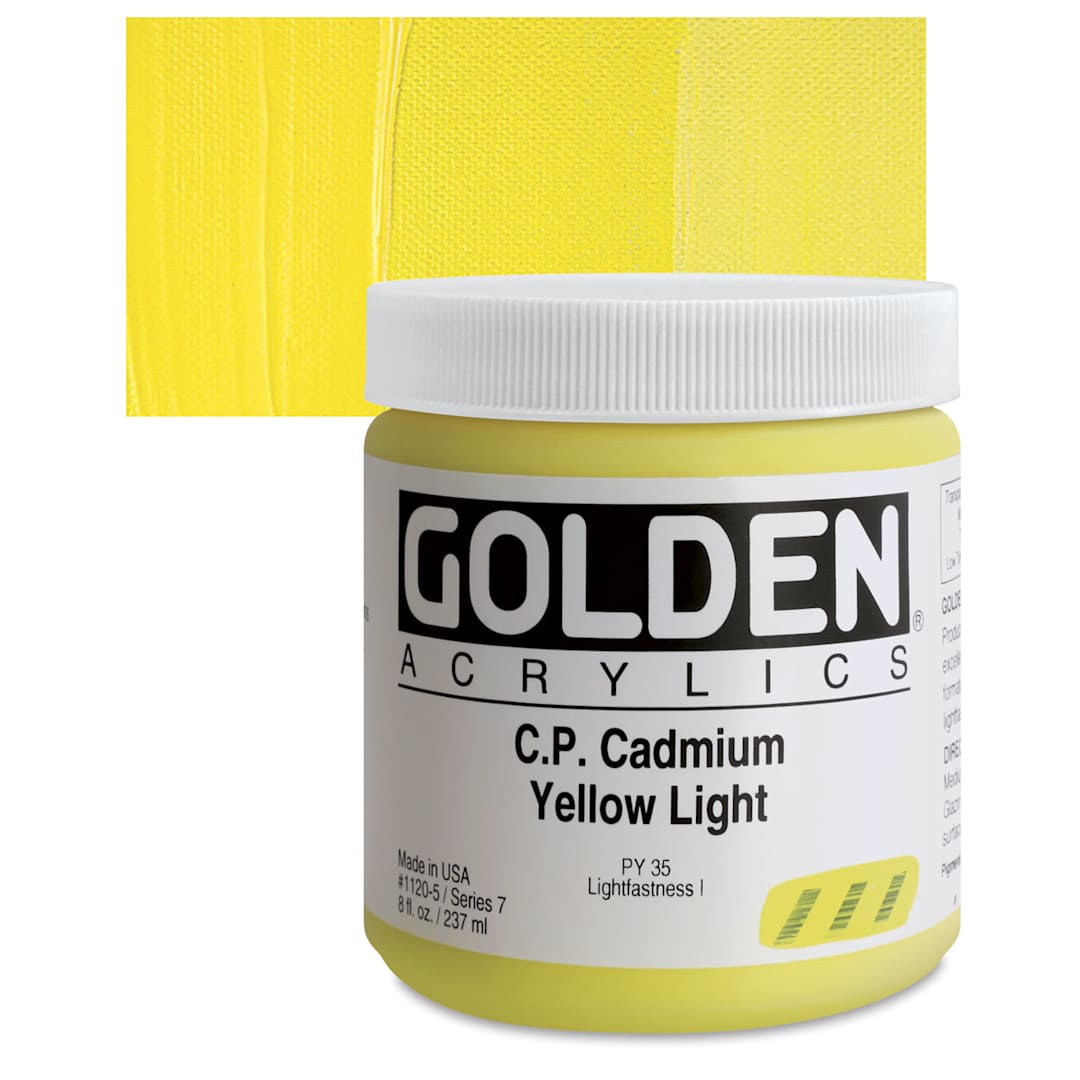 Open in modal - Golden Heavy Body Artist Acrylic - Cadmium Yellow Light, 8 oz Jar and swatch