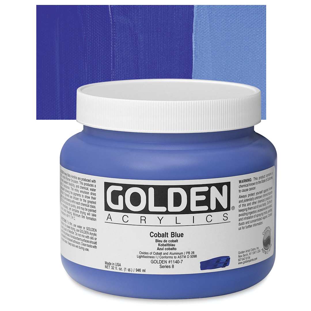 Open in modal - Golden Heavy Body Artist Acrylic - Cobalt Blue, 32 oz Jar and swatch