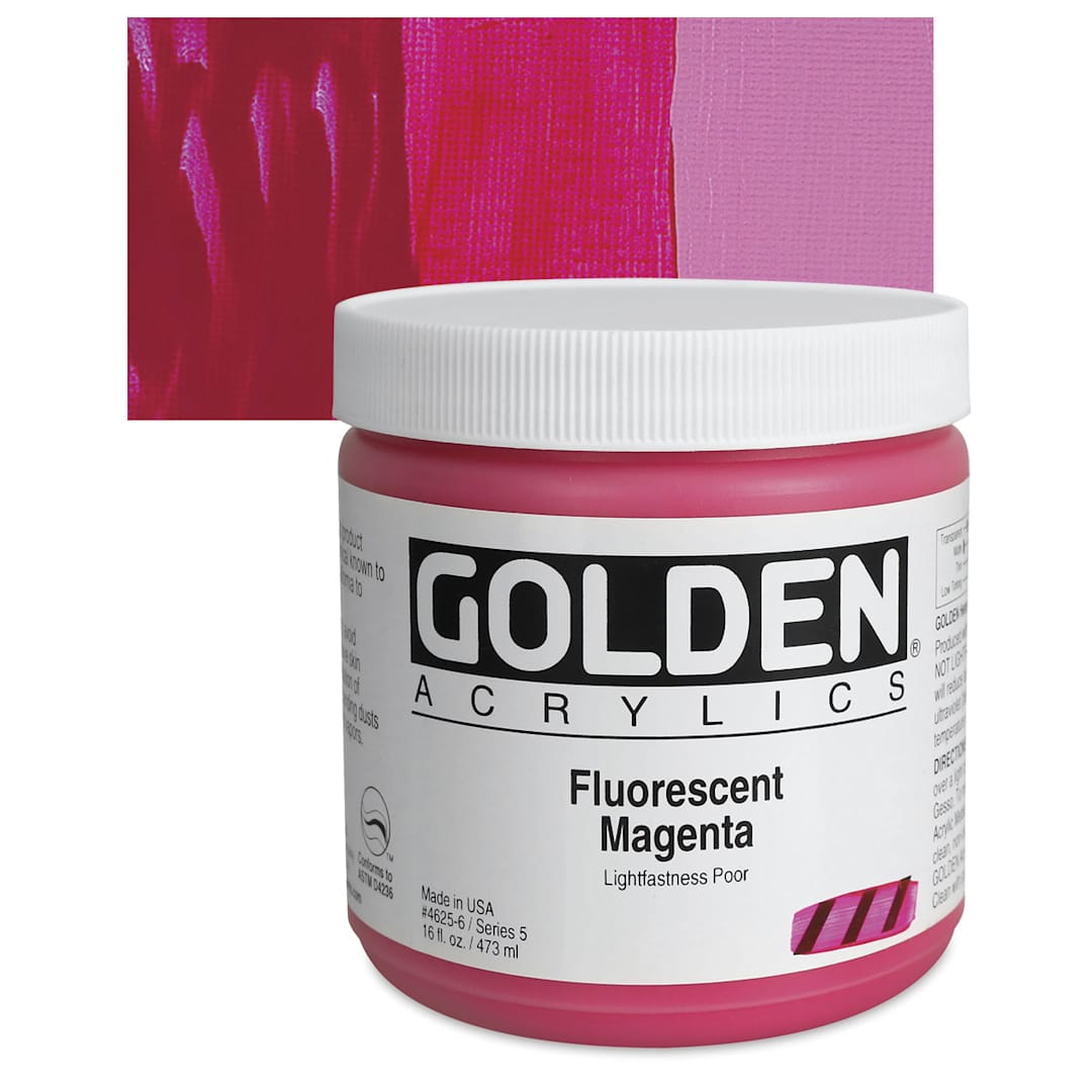 Open in modal - Golden Heavy Body Artist Acrylic - Fluorescent Magenta, 16 oz jar and swatch