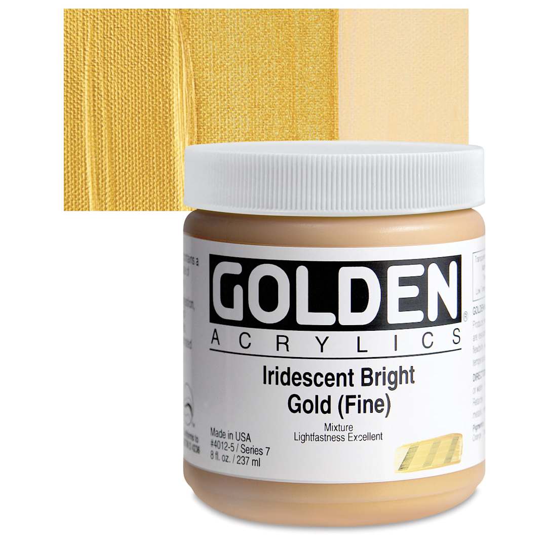 Open in modal - Golden Heavy Body Artist Acrylic - Iridescent Bright Gold (Fine)(65), 8 oz Jar and swatch