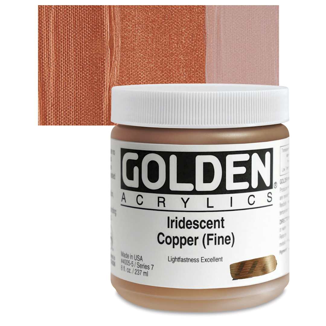 Open in modal - Golden Heavy Body Artist Acrylic - Iridescent Copper (Fine), 8 oz Jar and swatch