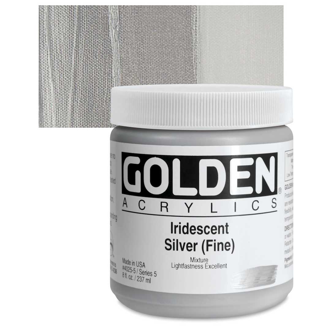 Open in modal - Golden Heavy Body Artist Acrylic - Iridescent Silver (Fine), 8 oz jar and swatch