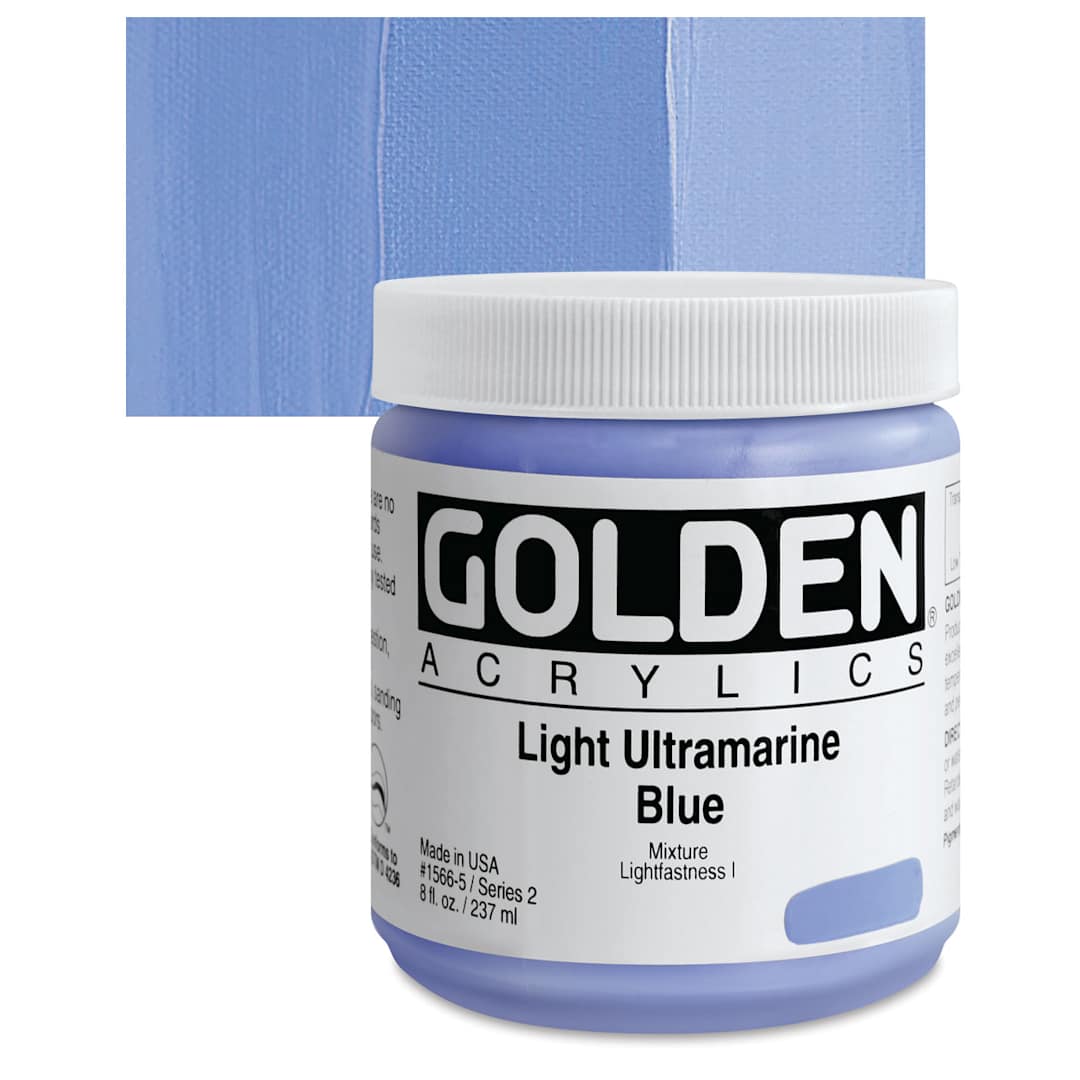 Open in modal - Golden Heavy Body Artist Acrylic - Light Ultramarine Blue, 8 oz Jar and swatch