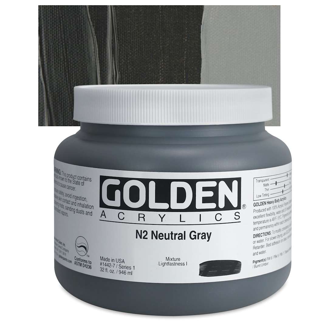 Open in modal - Golden Heavy Body Artist Acrylic - Neutral Gray N2, 32 oz Jar and swatch