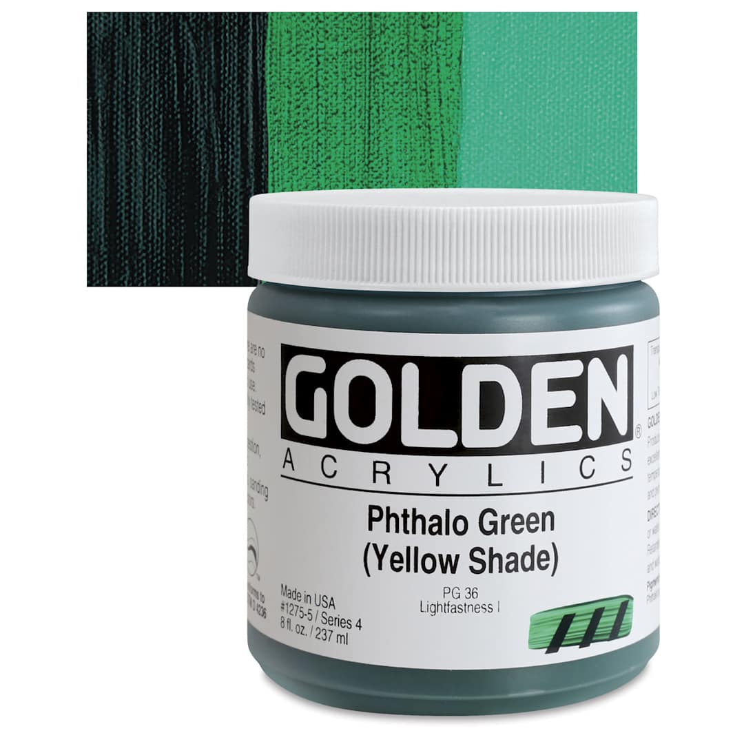 Open in modal - Golden Heavy Body Artist Acrylic - Phthalo Green (Yellow Shade), 8 oz Jar and swatch