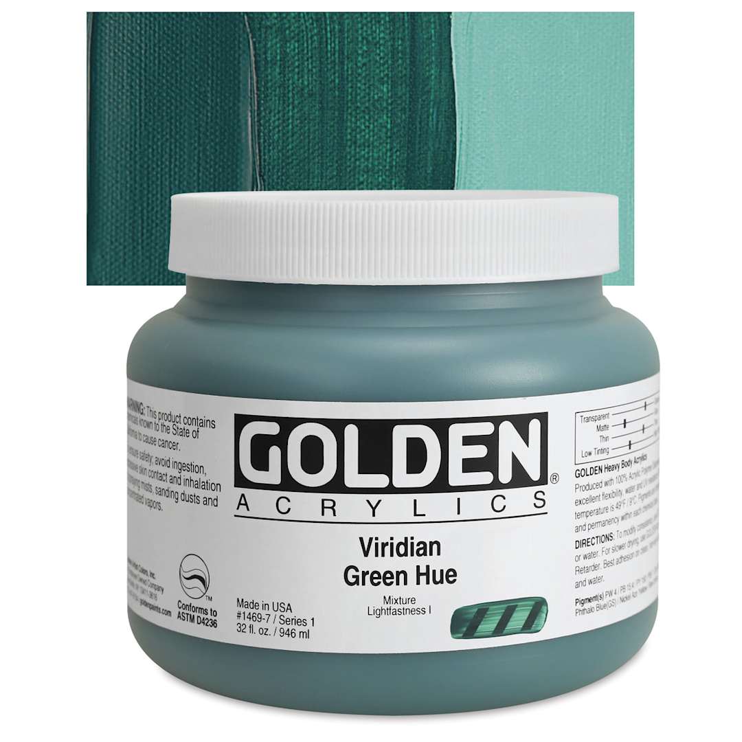 Open in modal - Golden Heavy Body Artist Acrylic - Viridian Green Hue, 32 oz Jar and swatch