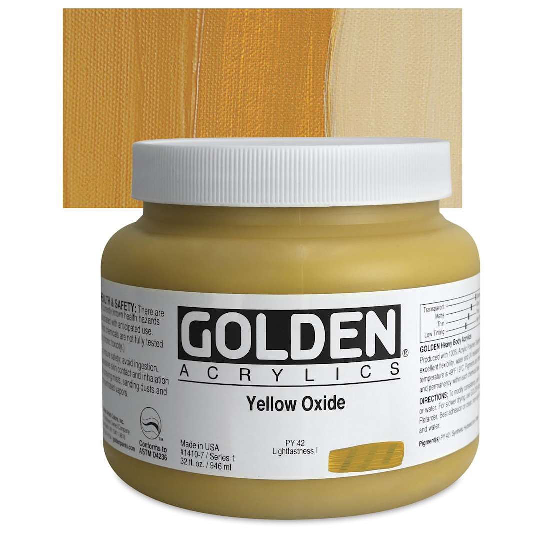 Open in modal - Golden Heavy Body Artist Acrylic - Yellow Oxide, 32 oz Jar and swatch