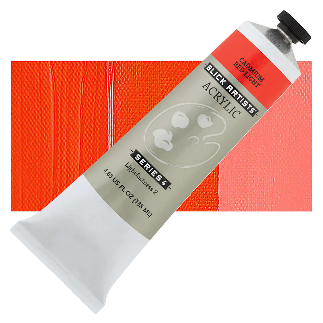 Open in modal - Blick Artists' Acrylic - Cadmium Red Light, 4.65 oz tube and swatch