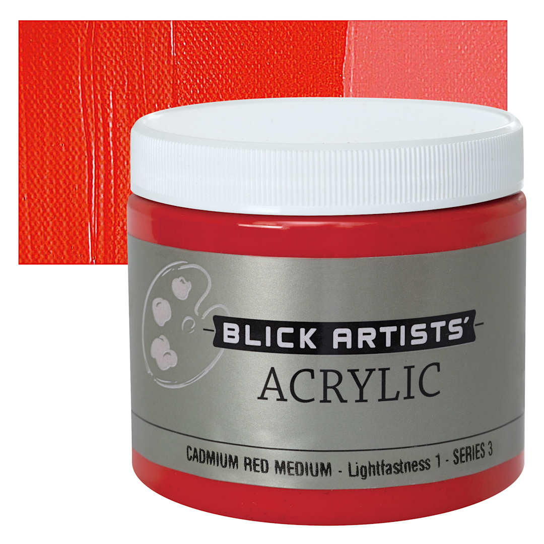 Open in modal - Blick Artists' Acrylic - Cadmium Red Medium, 16 oz jar and swatch