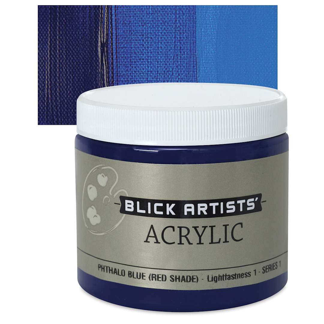 Open in modal - Blick Artists' Acrylic - Phthalo Blue (Red Shade), 16 oz jar and swatch