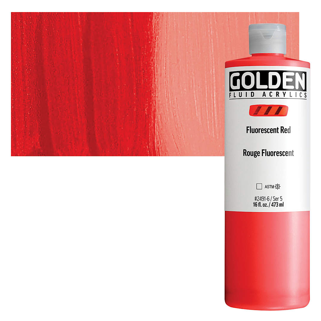 Open in modal - Golden Fluid Acrylic - Fluorescent Red, 16 oz Bottle and swatch