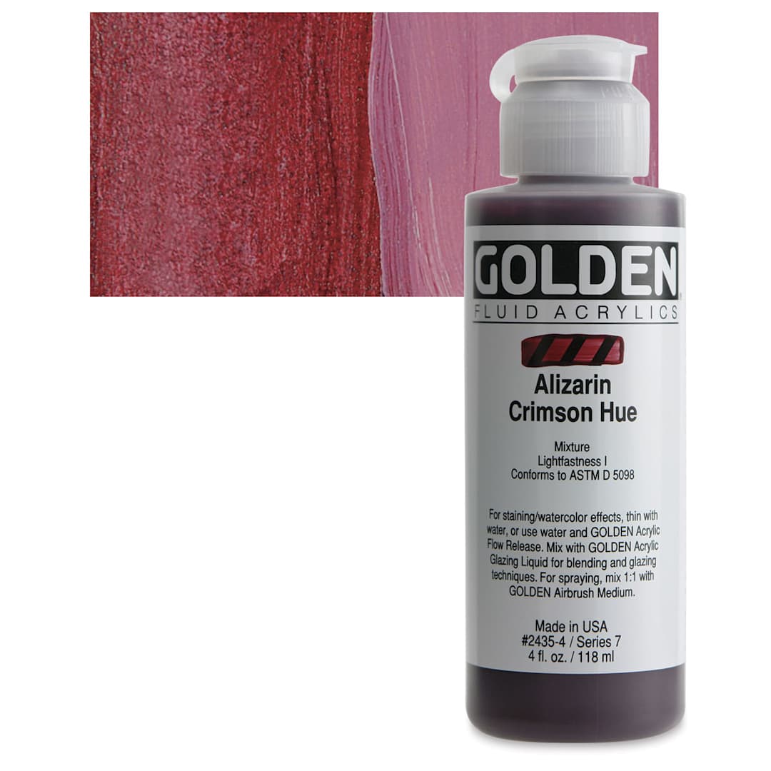 Open in modal - Golden Fluid Acrylic - Alizarin Crimson Hue, 4 oz bottle and swatch