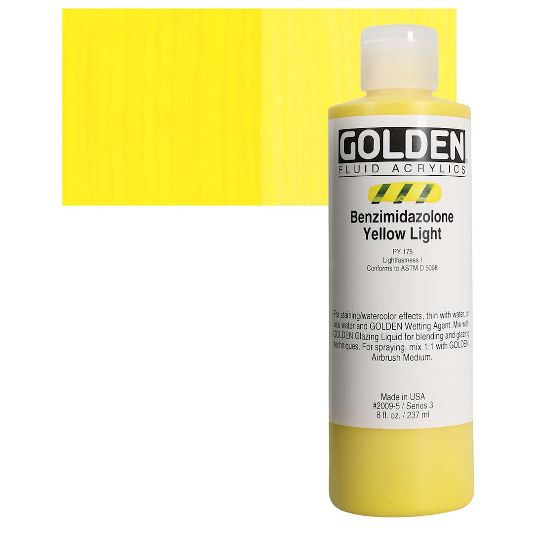 Open in modal - Golden Fluid Acrylic - Benzimidazolone Yellow Light, 8 oz bottle and swatch