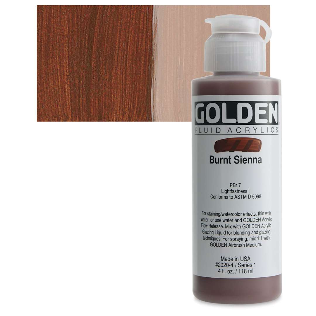 Open in modal - Golden Fluid Acrylic - Burnt Sienna, 4 oz bottle and swatch