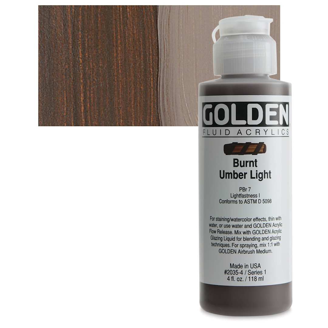 Open in modal - Golden Fluid Acrylic - Burnt Umber Light, 4 oz bottle and swatch