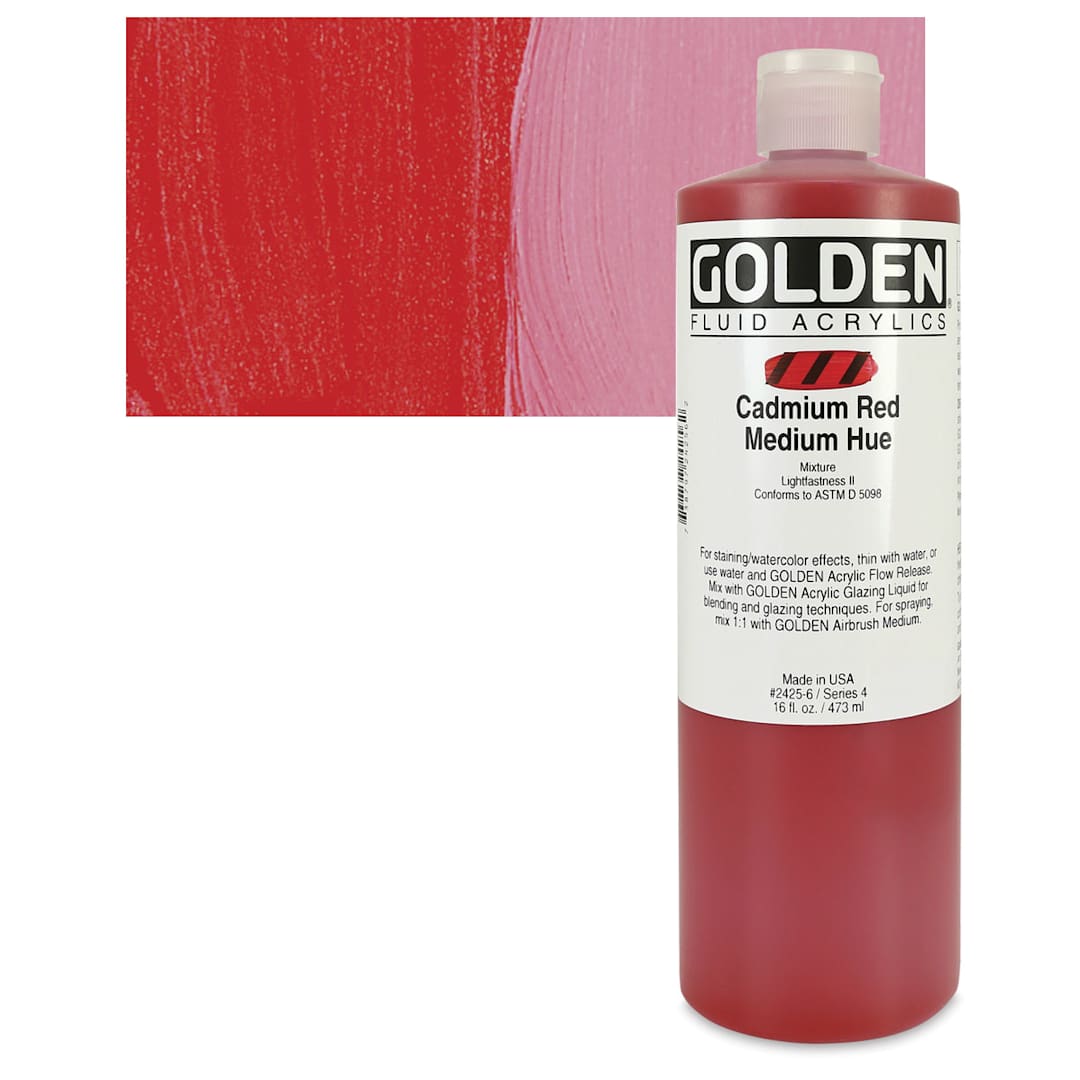 Open in modal - Golden Fluid Acrylic - Cadmium Red Medium Hue, 16 oz bottle and swatch