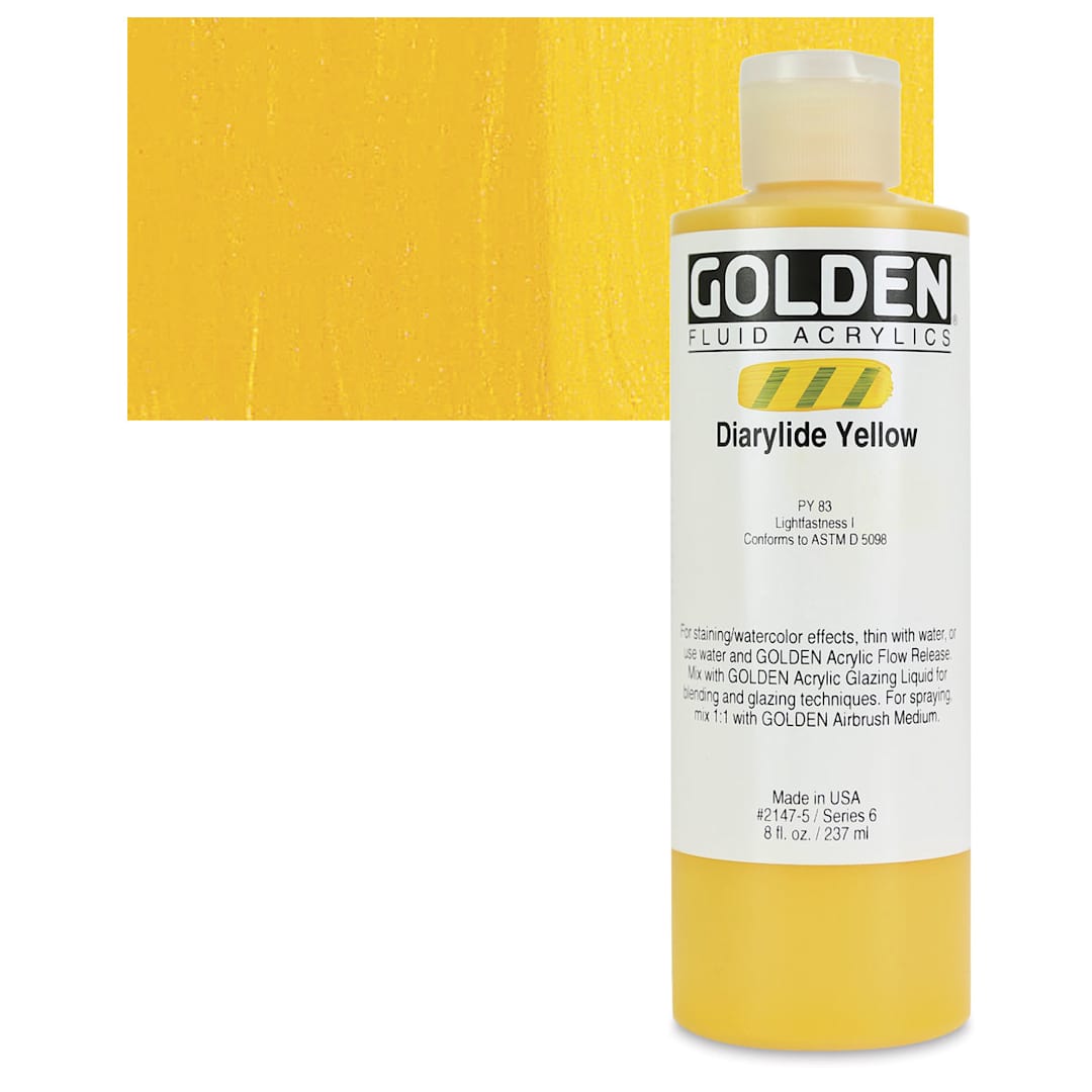 Open in modal - Golden Fluid Acrylic - Diarylide Yellow, 8 oz bottle and swatch