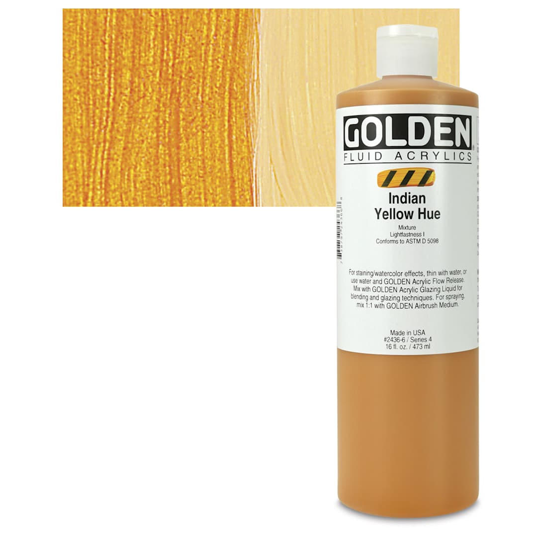 Open in modal - Golden Fluid Acrylic - Indian Yellow Historical Hue, 16 oz bottle and swatch