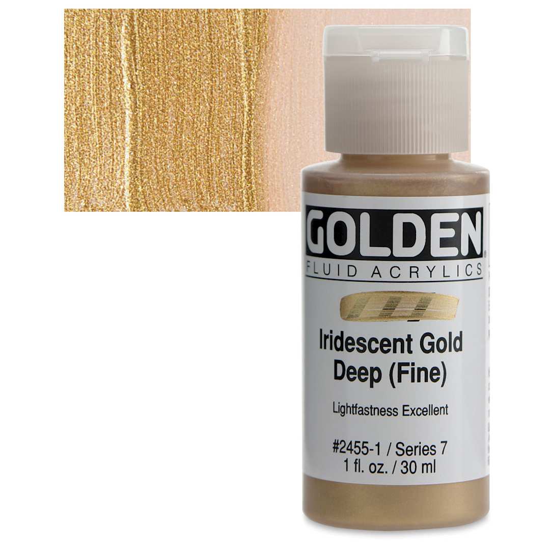 Open in modal - Golden Fluid Acrylic - Iridescent Gold Deep (Fine), 1 oz bottle and swatch