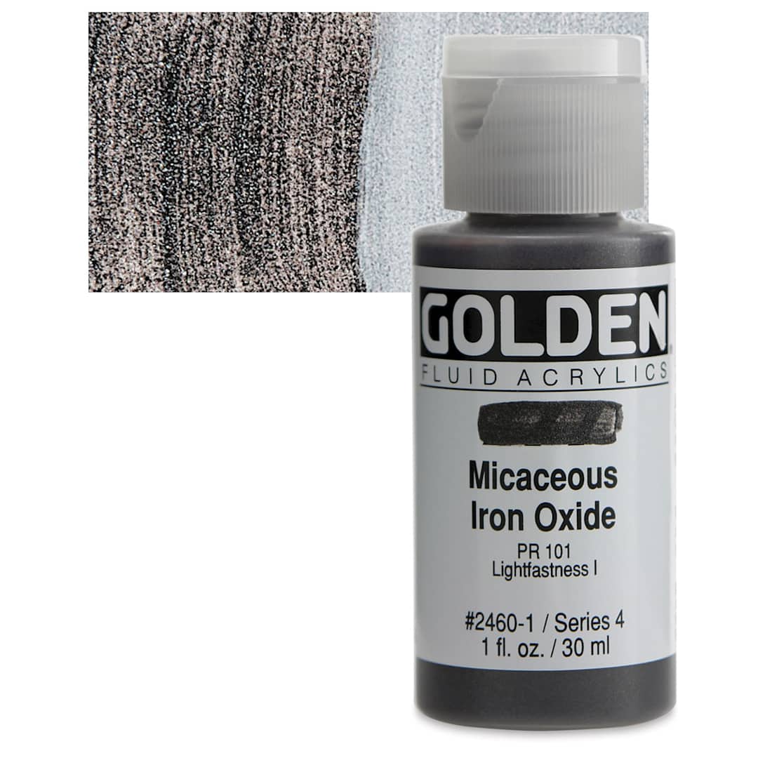 Open in modal - Golden Fluid Acrylic - Iridescent Micaceous Iron Oxide, 1 oz bottle and swatch