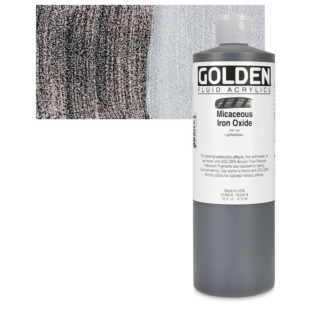 Open in modal - Golden Fluid Acrylic - Iridescent Micaceous Iron Oxide, 16 oz bottle and swatch
