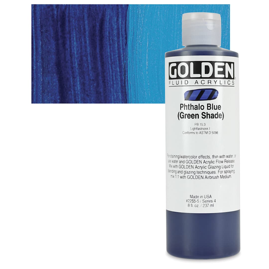 Open in modal - Golden Fluid Acrylic - Phthalo Blue (Green Shade), 8 oz bottle and swatch
