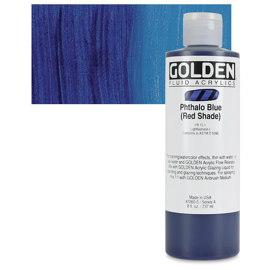 Open in modal - Golden Fluid Acrylic - Phthalo Blue (Red Shade), 8 oz bottle and swatch