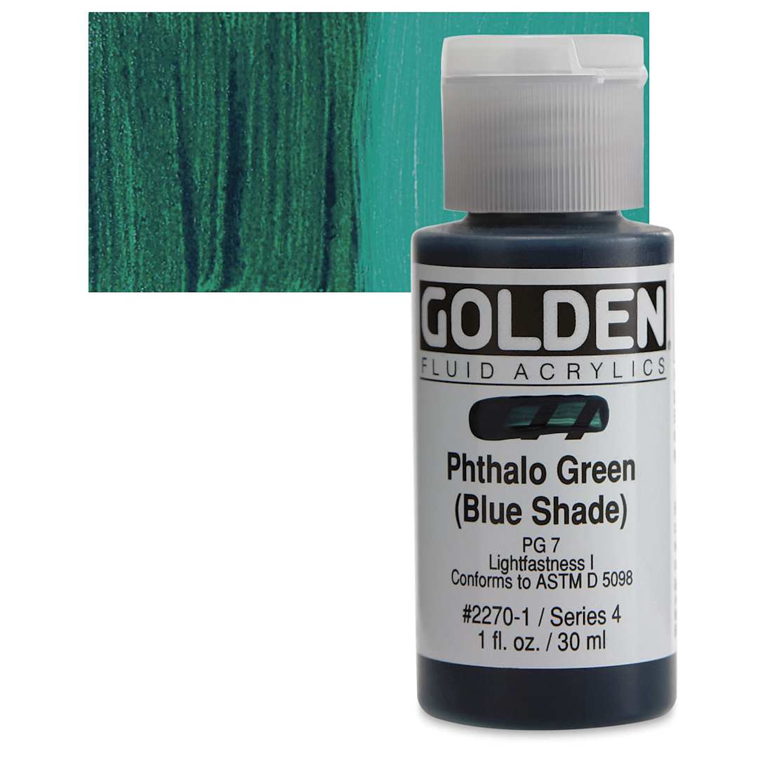Open in modal - Golden Fluid Acrylic - Phthalo Green (Blue Shade), 1 oz bottle and swatch