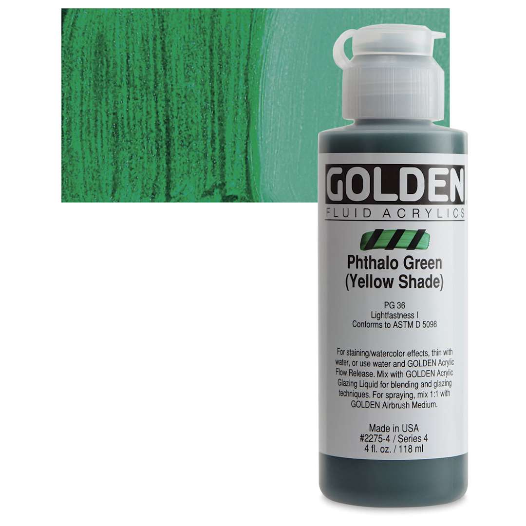 Open in modal - Golden Fluid Acrylic - Phthalo Green (Yellow Shade), 4 oz bottle and swatch