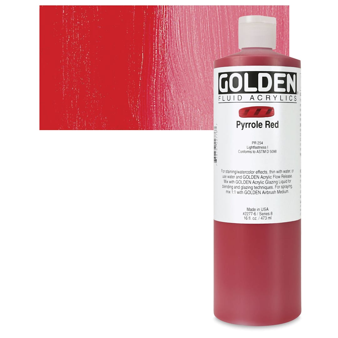 Open in modal - Golden Fluid Acrylic - Pyrrole Red, 16 oz bottle and swatch