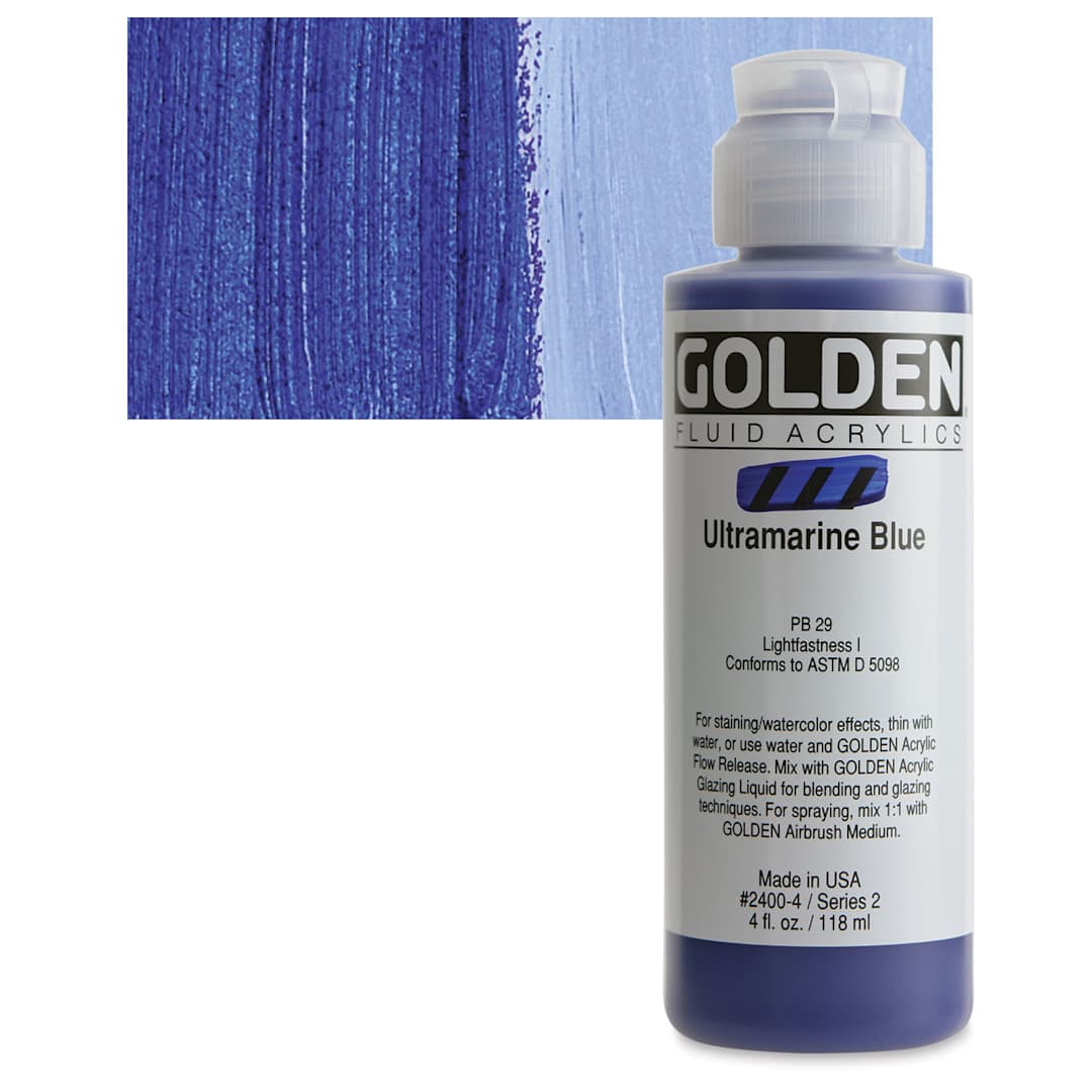 Open in modal - Golden Fluid Acrylic - Ultramarine Blue, 4 oz bottle and swatch
