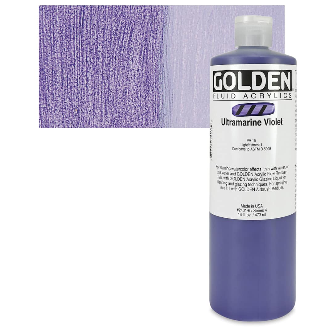 Open in modal - Golden Fluid Acrylic - Ultramarine Violet, 16 oz bottle and swatch