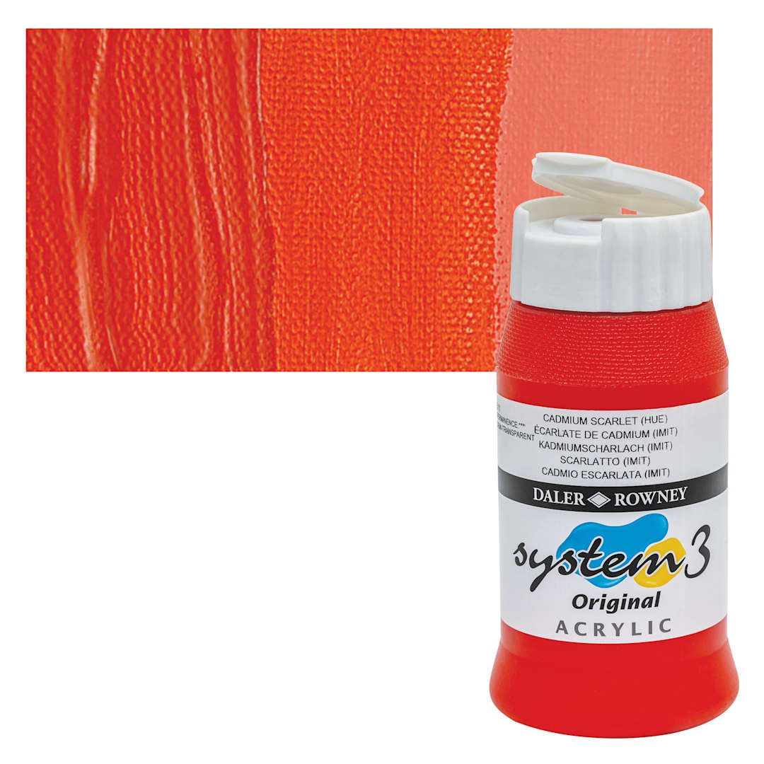 Open in modal - Daler-Rowney System3 Acrylic - Cadmium Scarlet Hue, 500 ml bottle and swatch
