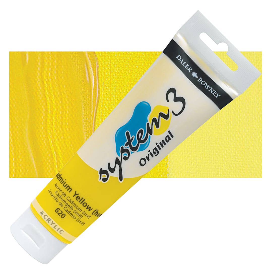 Open in modal - Daler-Rowney System3 Acrylic - Cadmium Yellow Hue, 150 ml tube and swatch