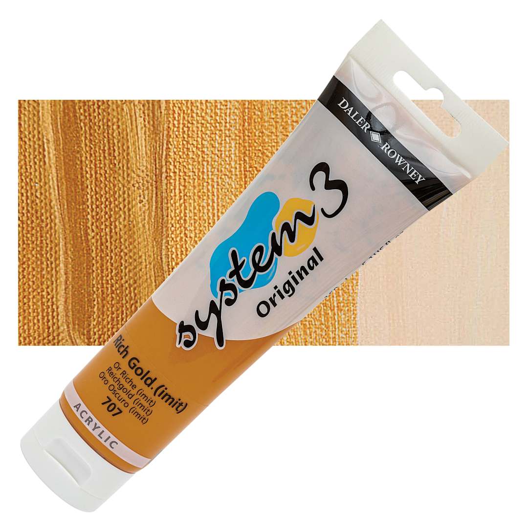 Open in modal - Daler-Rowney System3 Acrylic - Rich Gold Hue, 150 ml tube and swatch